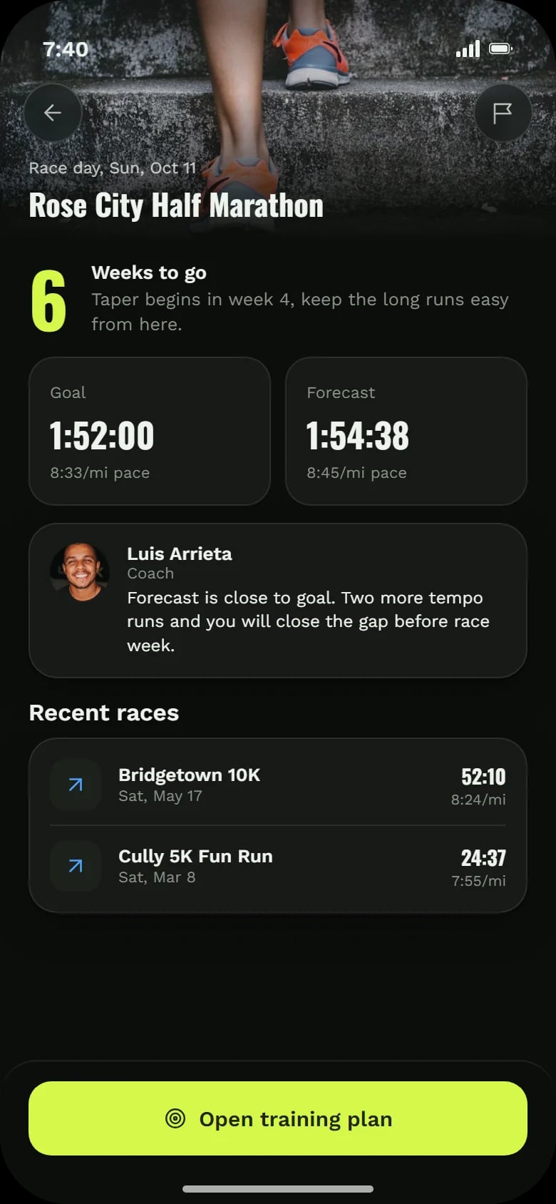 Race day: weeks to go, goal and forecast times, coach’s note and recent races