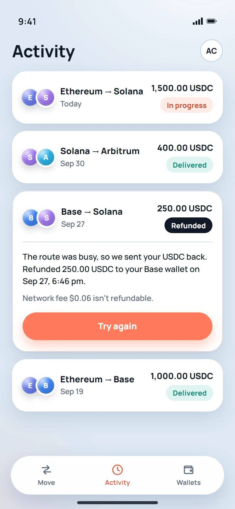 Aktivität: vier Überweisungen und eine geöffnete Erstattung über 250,00 USDC an eine Base-Wallet am 27. September