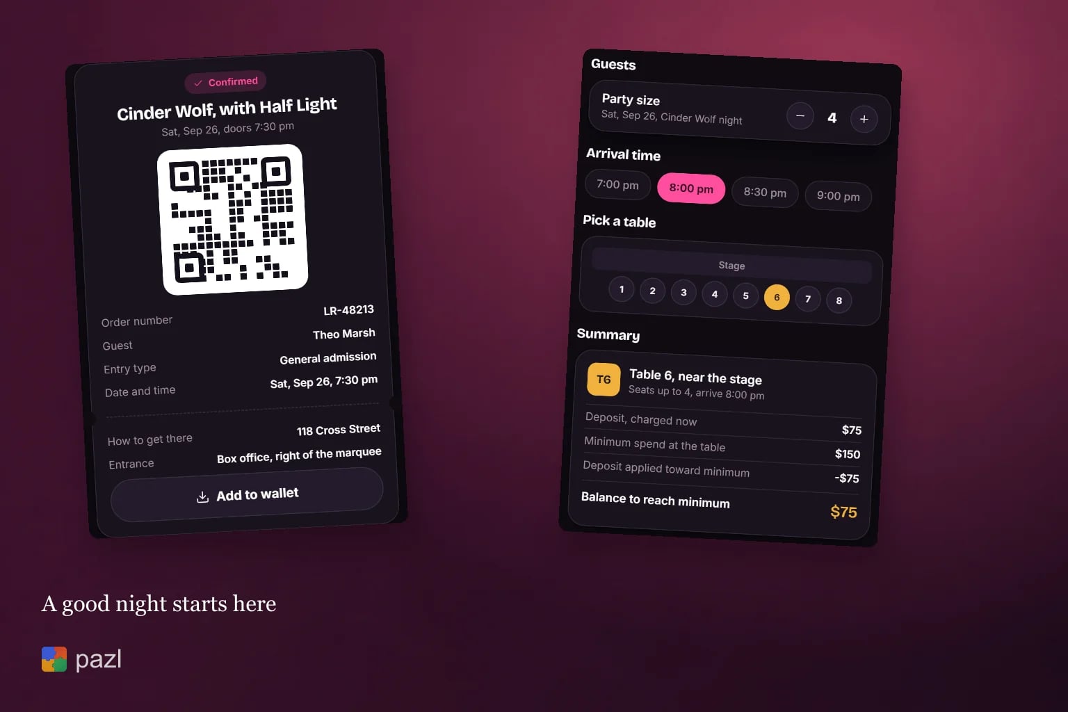 Ein bestätigtes Ticket mit QR-Code neben einer Tischreservierung für vier Personen nahe der Bühne