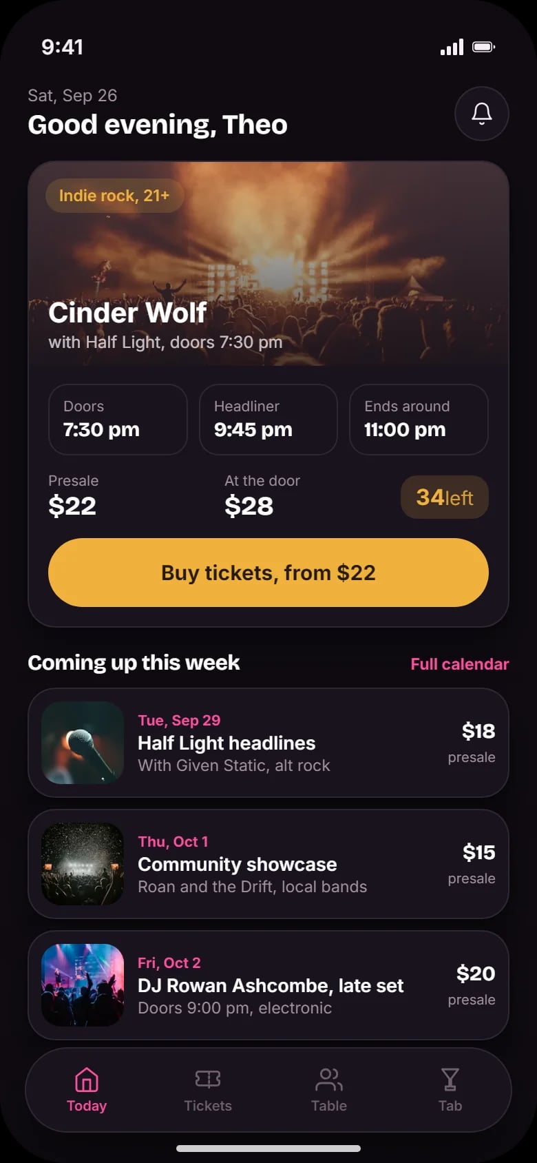 Heute: die Show des Abends mit Zeiten und Preisen, restliche Tickets und die kommende Woche