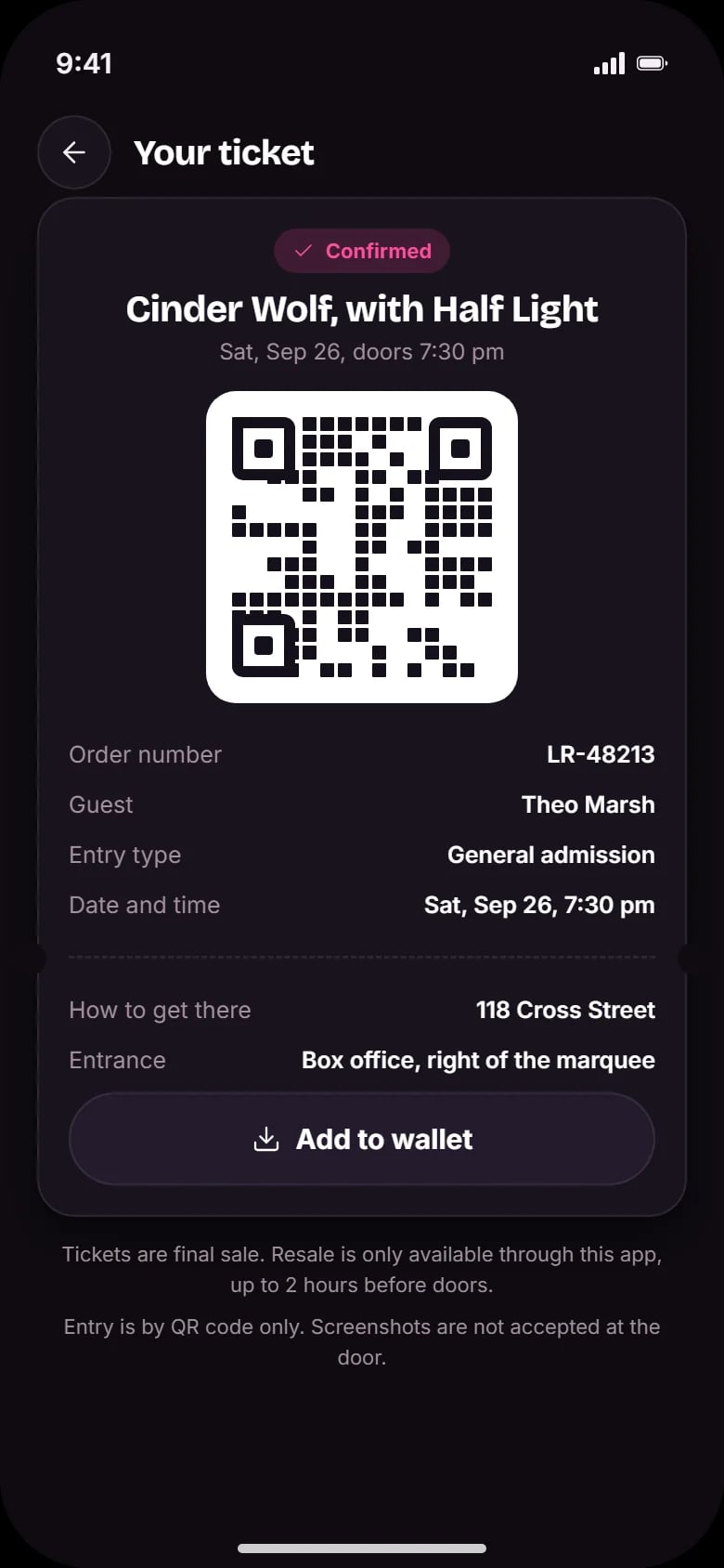Ticket: QR-Code, Bestelldetails, Anfahrt und „Zur Wallet hinzufügen“