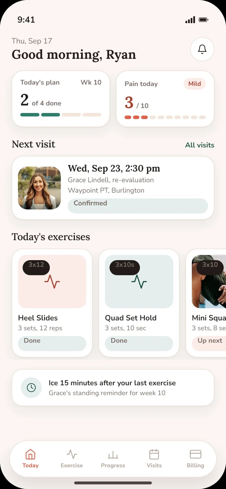 Today: the plan partly done, pain today, the next visit and today’s exercises