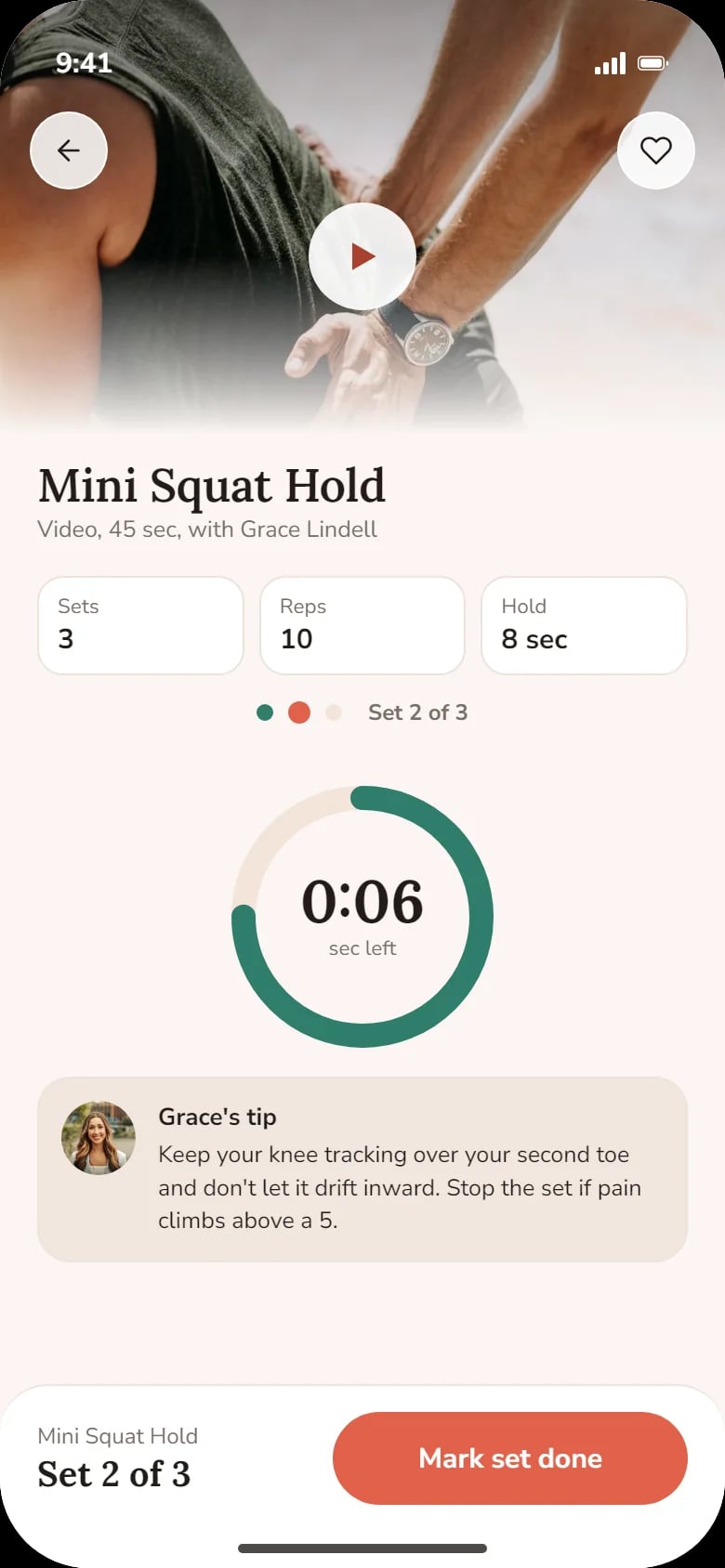 Exercise: Mini Squat Hold video, sets, reps, a hold timer and the therapist’s tip