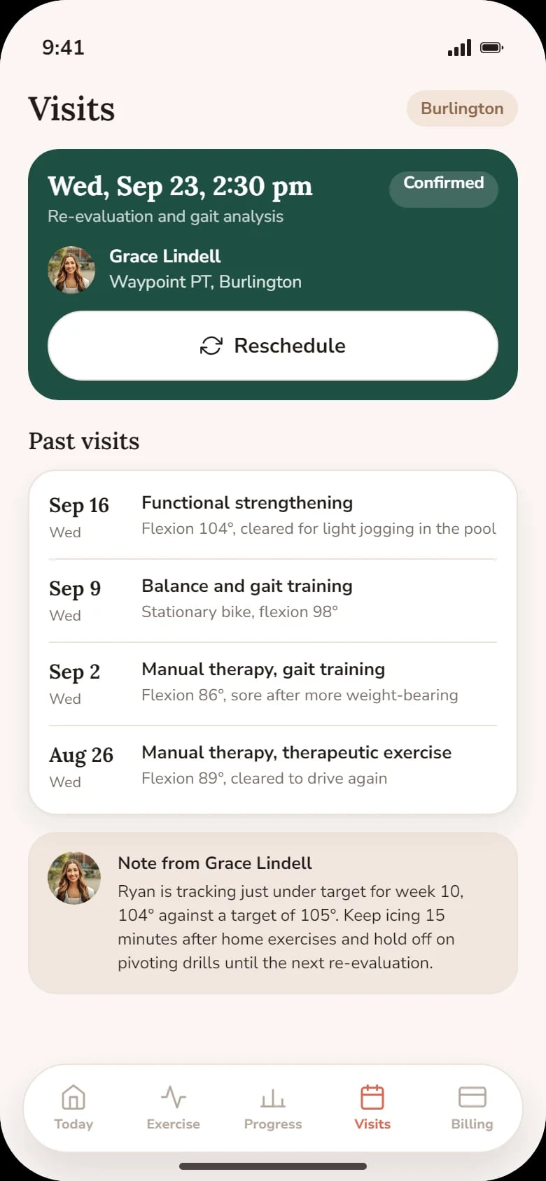 Visits: the next re-evaluation, past visits and a note from the therapist