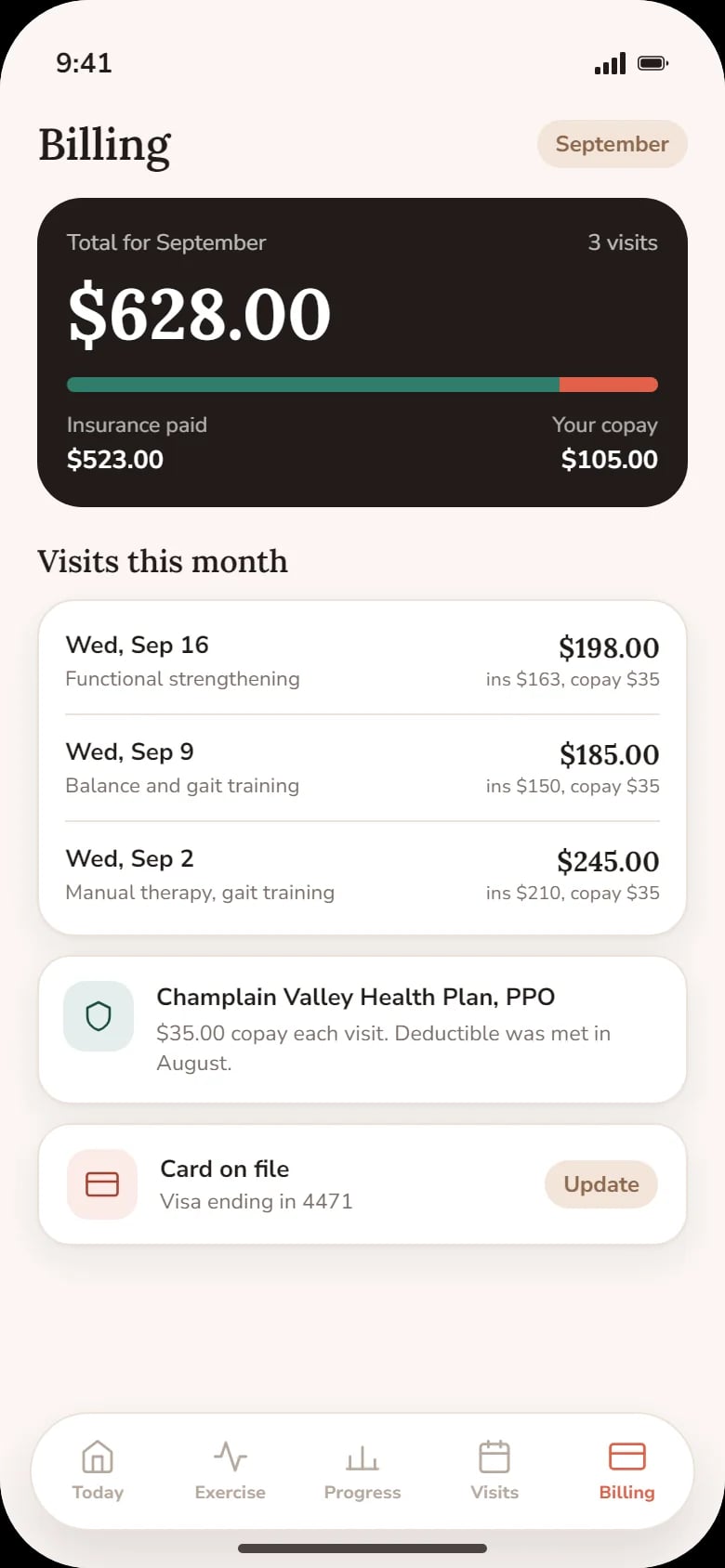 Billing: the month’s total, insurance paid, the copay and this month’s visits