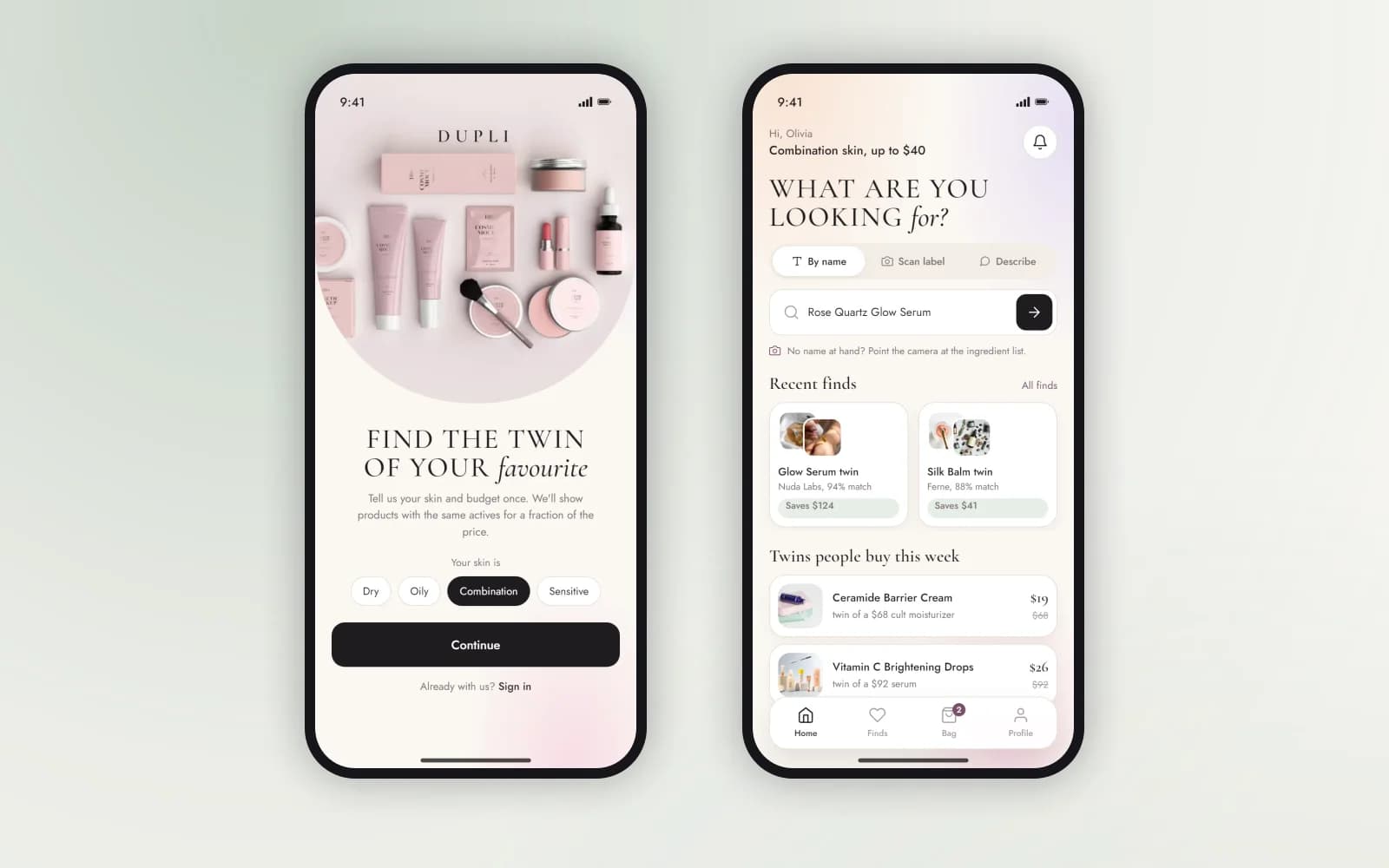 Application Dupli — écran de bienvenue avec le quiz de type de peau et les résultats avec pourcentages